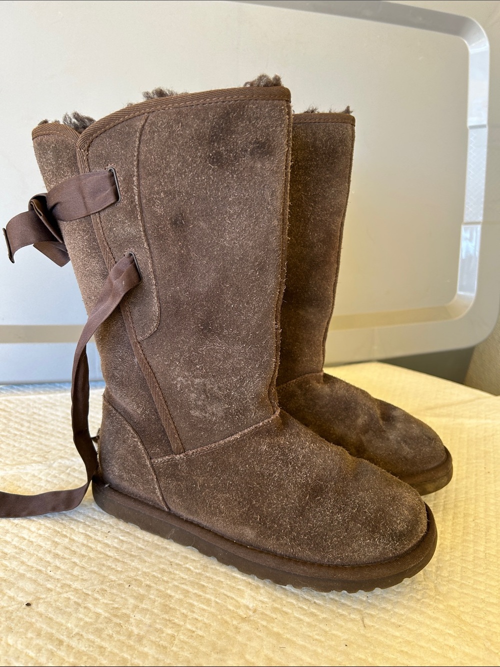 UGG Brown Suede Shearling-Trim Boots with Back Ribbon